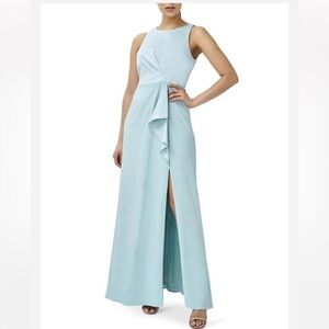 adrianna papell light blue high neck ruffle slit gown